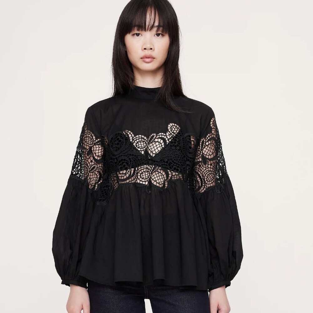 Cotton & Lace Mock-Neck Top